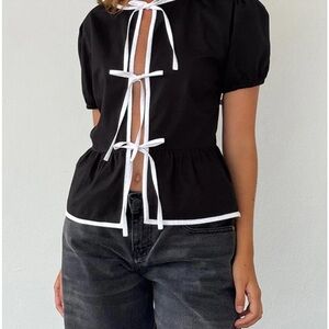 Motel Rocks Black and White Tie Front Peplum Blouse